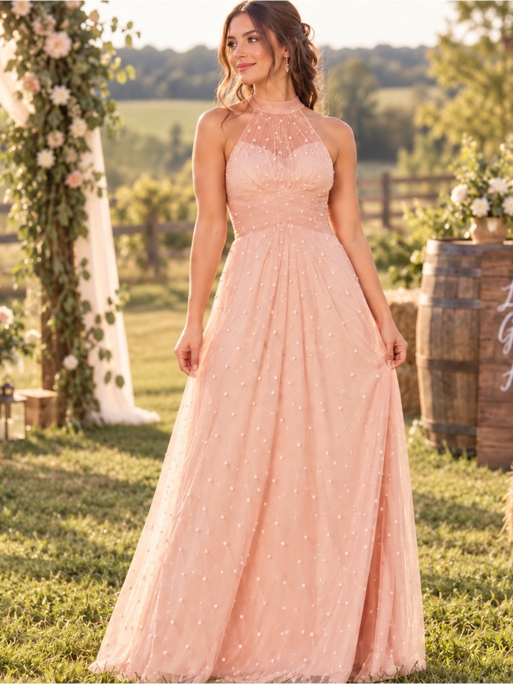 NWT Adrianna Papell Glitter Dot Sheer Halter Neck Sleeveless Pearl A-Line Gown